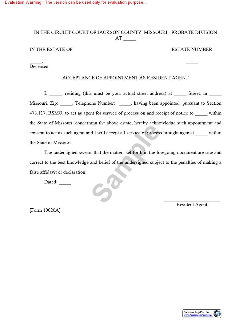 Acceptance Of Appointment  As Resident Agent {10020A} | Pdf Fpdf Doc Docx | Missouri