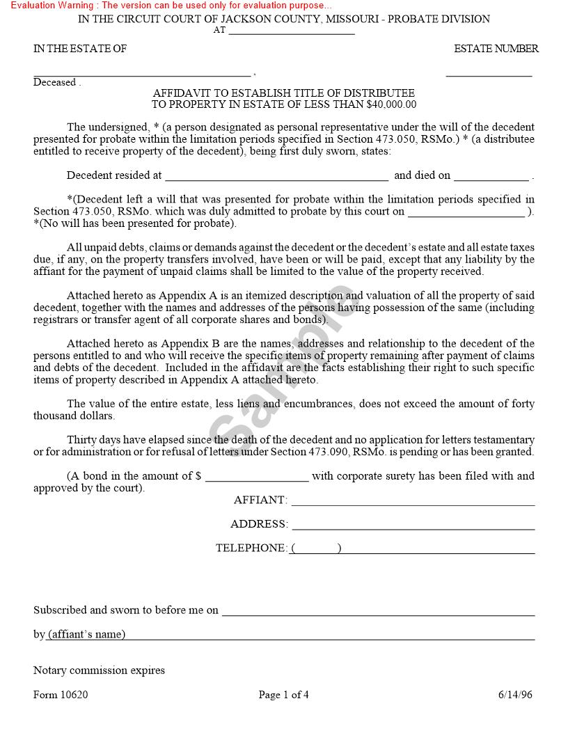 Affidavit To Establish Title Of Distributee To Property In Estate Of Less Than 40K {10620} | Pdf Fpdf Doc Docx | Missouri