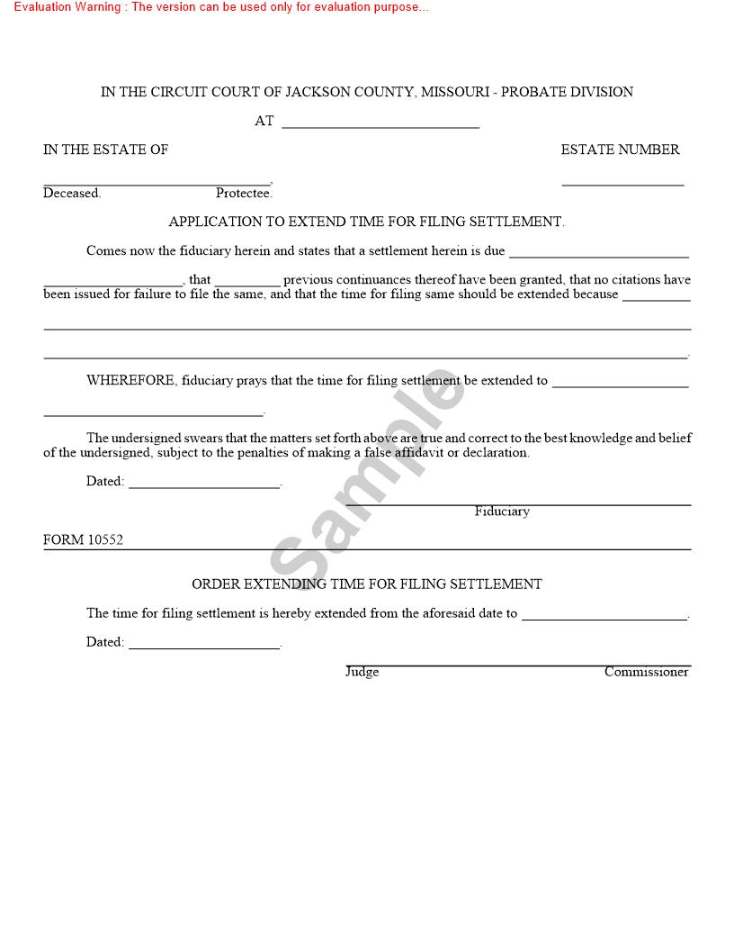 Application And Order To Extend Time For Filing Settlement {10552} | Pdf Fpdf Doc Docx | Missouri