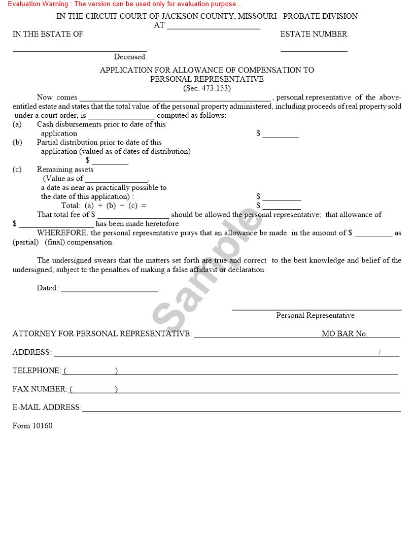 Application For Allowance Of Compensation To Personal Representative {10160} | Pdf Fpdf Doc Docx | Missouri