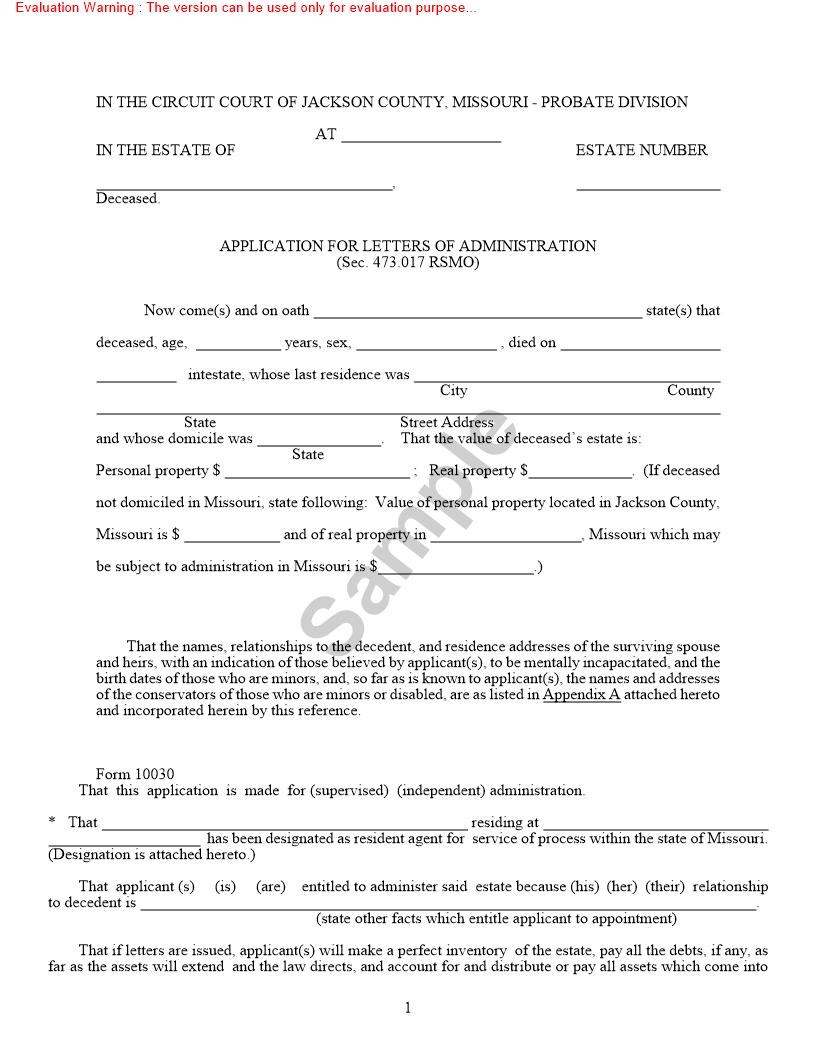 Application For Letters Of Administration {10030} | Pdf Fpdf Doc Docx | Missouri