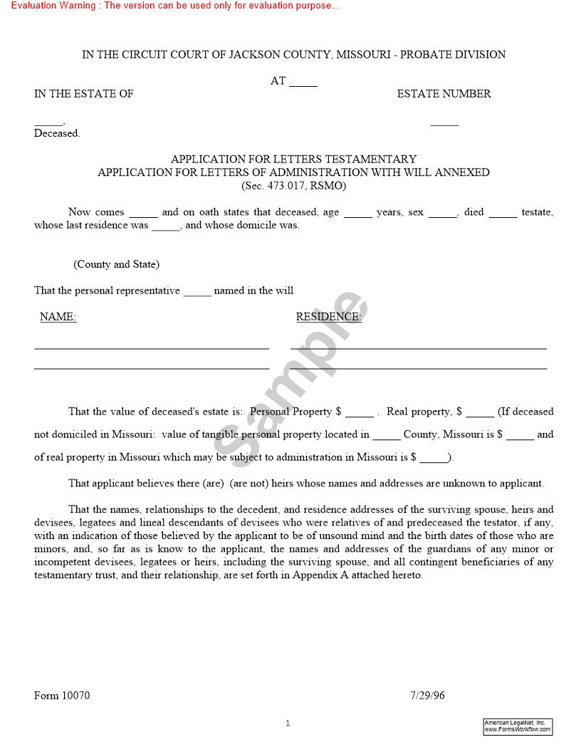 Application For Letters Testamentary - Application For Letters Of Administration Will Annexed {10070} | Pdf Fpdf Doc Docx | Missouri