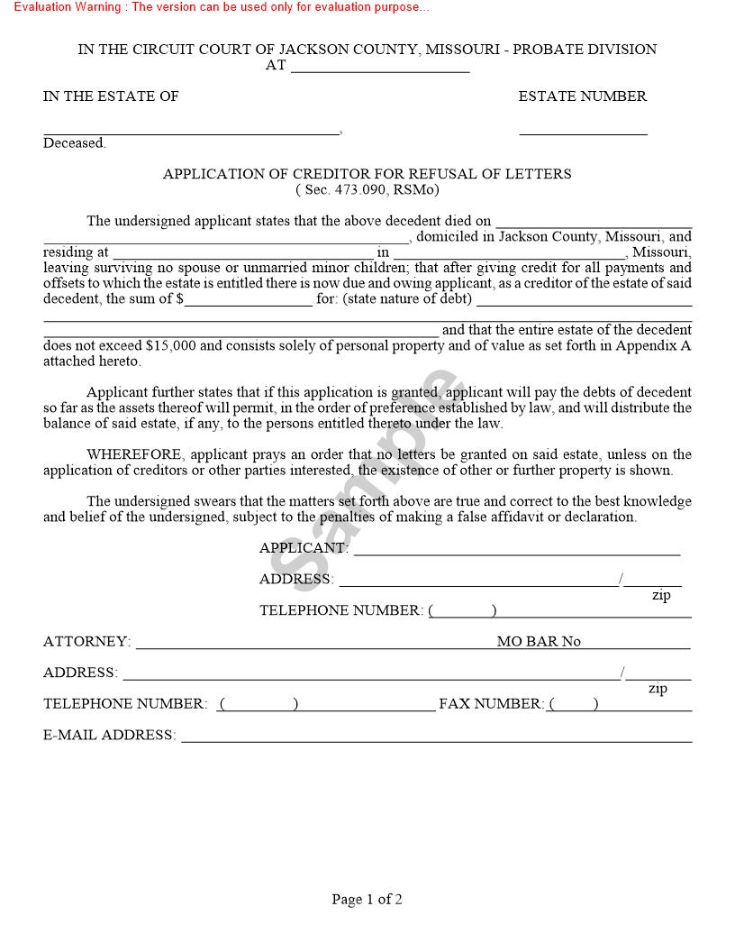 Application Of Creditor For Refusal Of Letters {10500} |  | Missouri