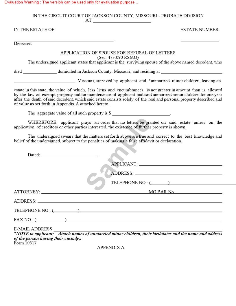 Application Of Spouse For Refusal Of Letters {10517} |  | Missouri