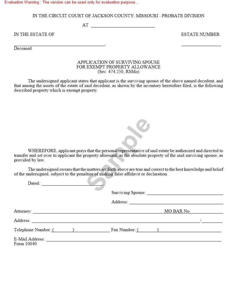 Application Of Surviving Spouse For Exempt Property Allowance {10640} | Pdf Fpdf Doc Docx | Missouri