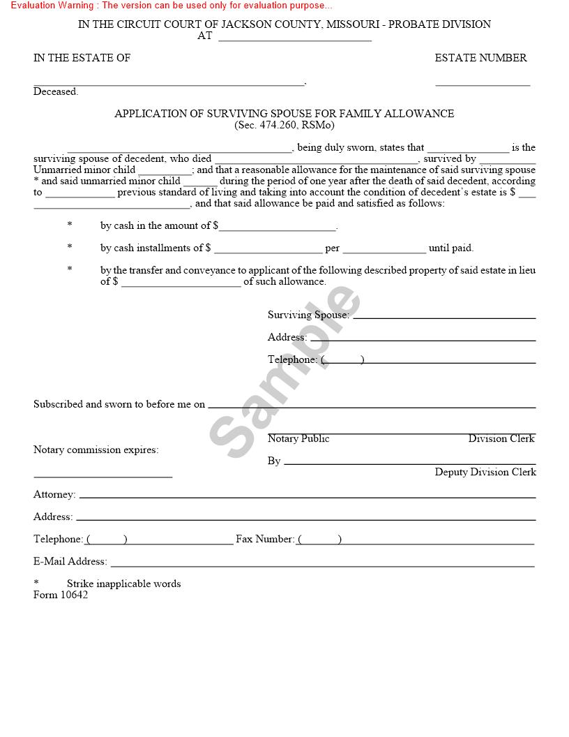 Application Of Surviving Spouse For Family Allowance {10642} | Pdf Fpdf Doc Docx | Missouri