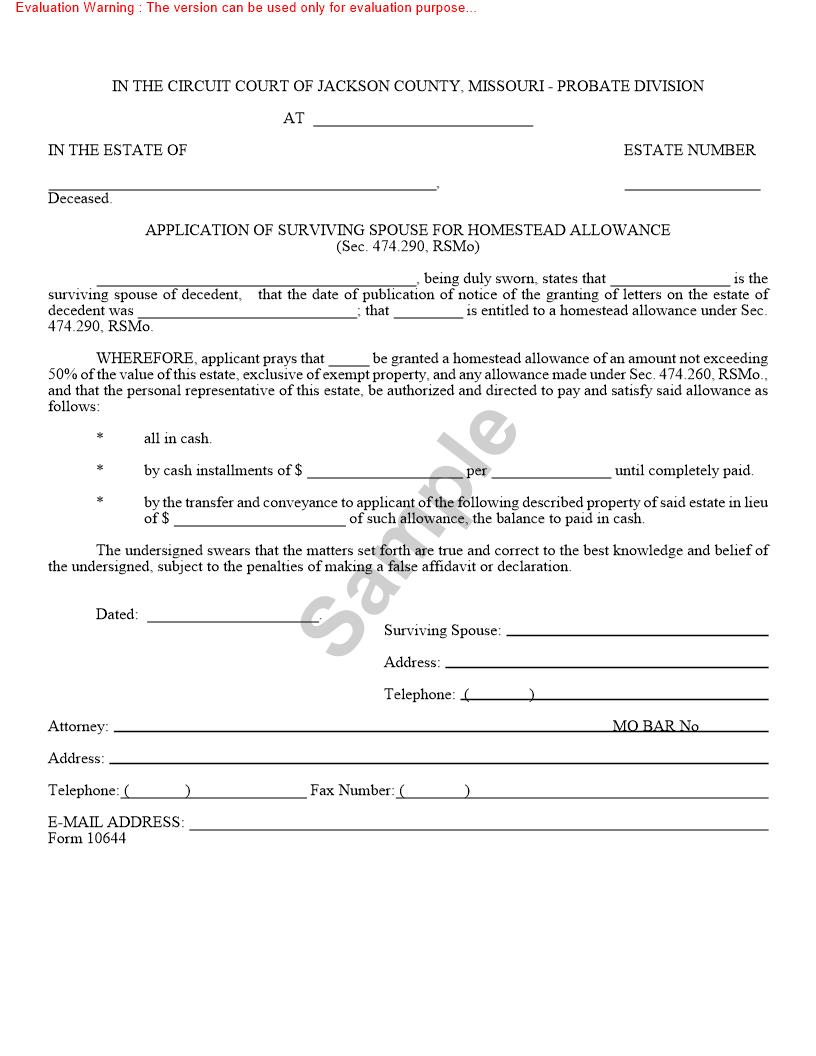 Application Of Surviving Spouse For Homestead Allowance {10644} | Pdf Fpdf Doc Docx | Missouri
