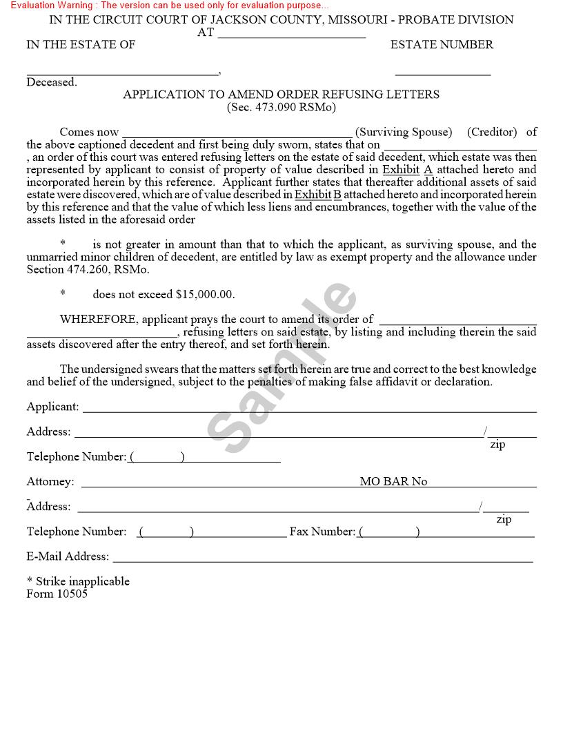 Application To Amend Order  Refusing Letters {10505} | Pdf Fpdf Doc Docx | Missouri