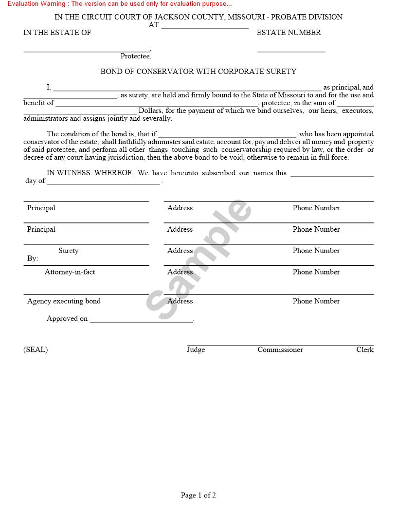 Bond Of Conservator With Corporate Surety {10119} | Pdf Fpdf Docx | Missouri