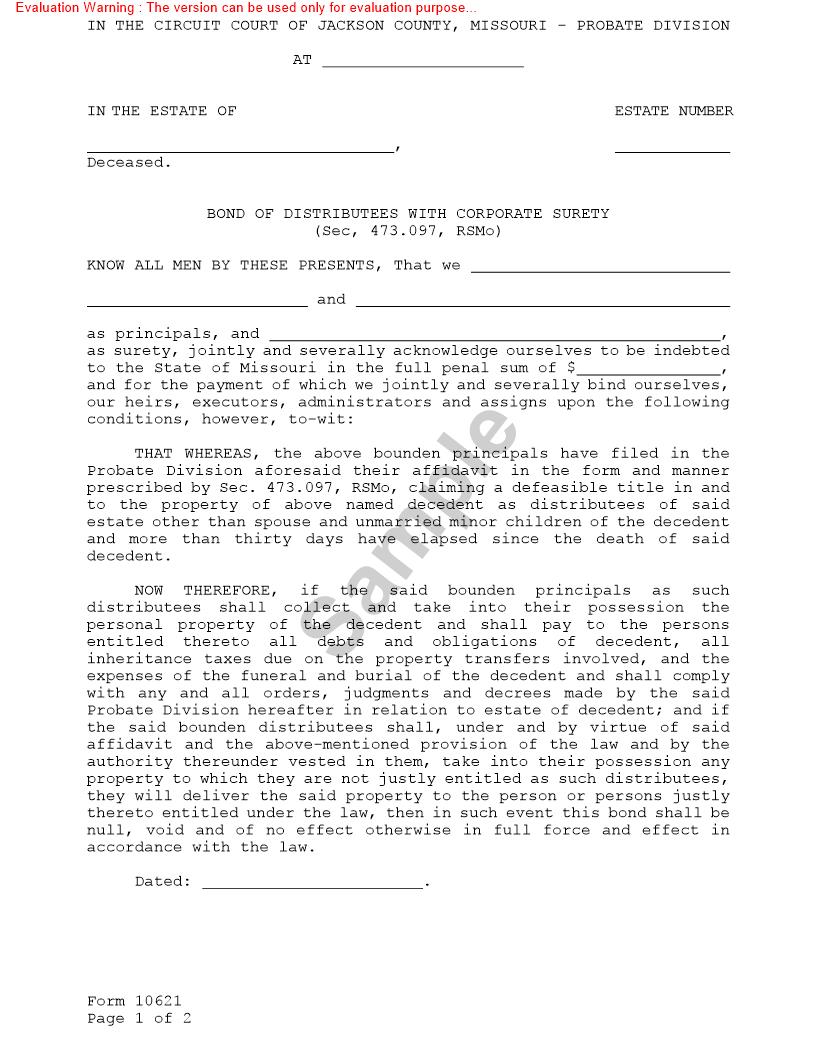 Bond Of Distributees With Corporate Surety {10621} | Pdf Fpdf Doc Docx | Missouri