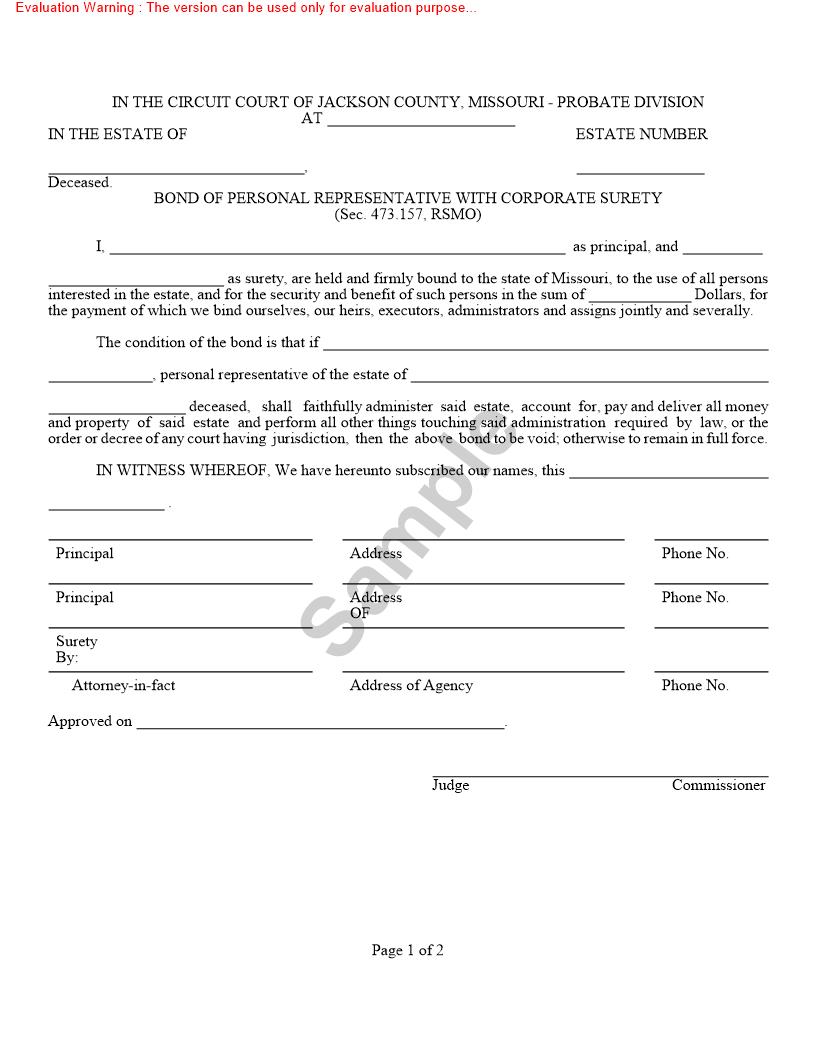 Bond Of Personal Representative With Corporate Surety {10032} | Pdf Fpdf Doc Docx | Missouri