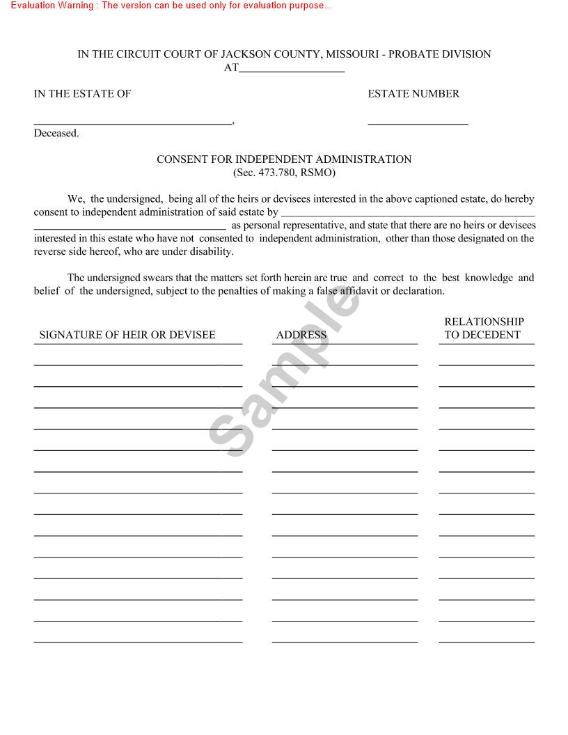 Consent For Independent Administration {10021} | Pdf Fpdf Doc Docx | Missouri