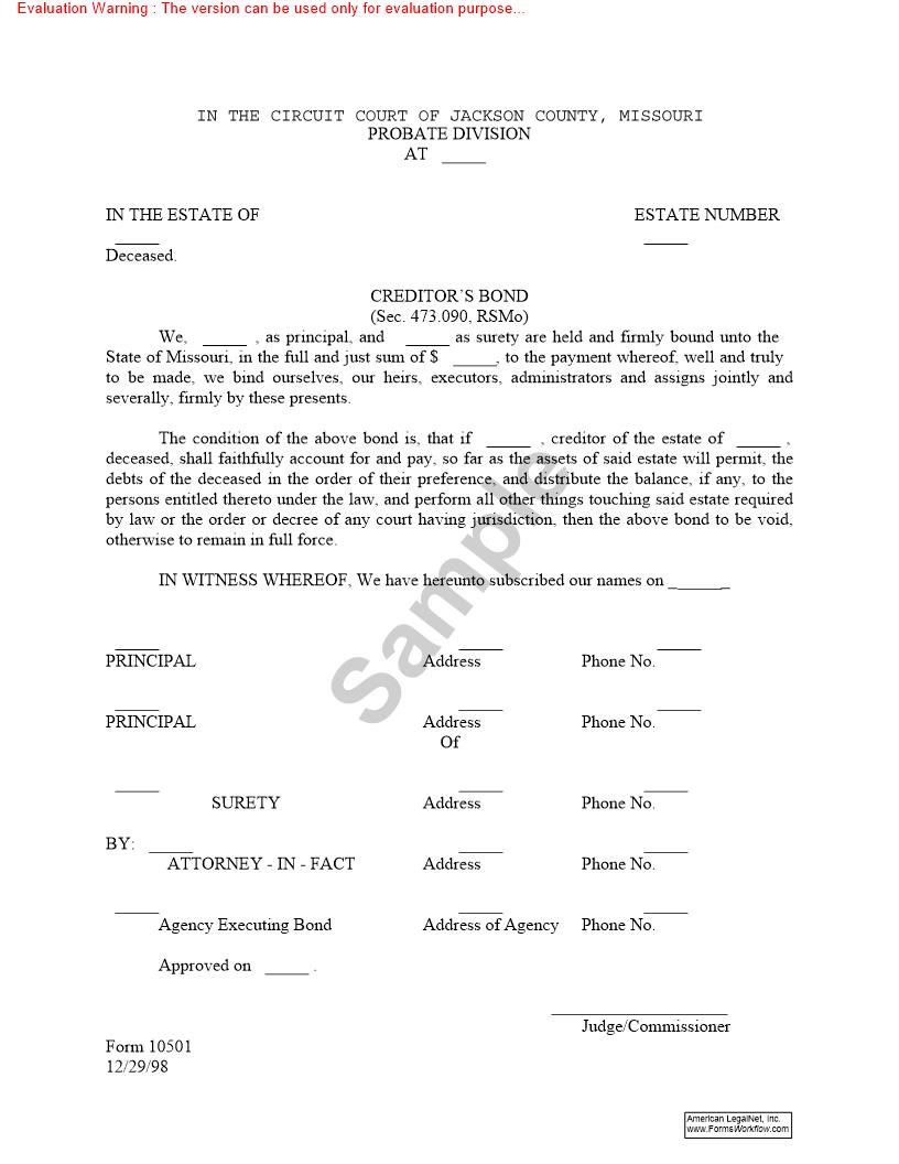 Creditors Bond {10501} | Pdf Fpdf Doc Docx | Missouri