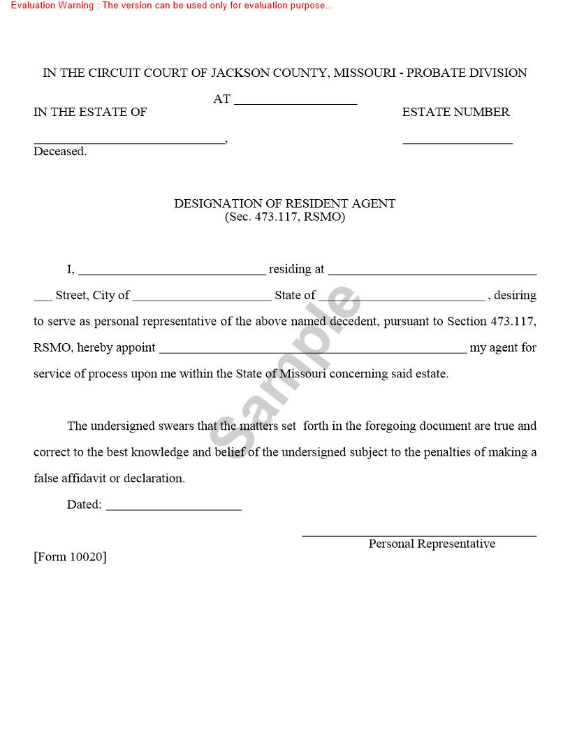 Designation Of Resident Agent {10020} | Pdf Fpdf Doc Docx | Missouri