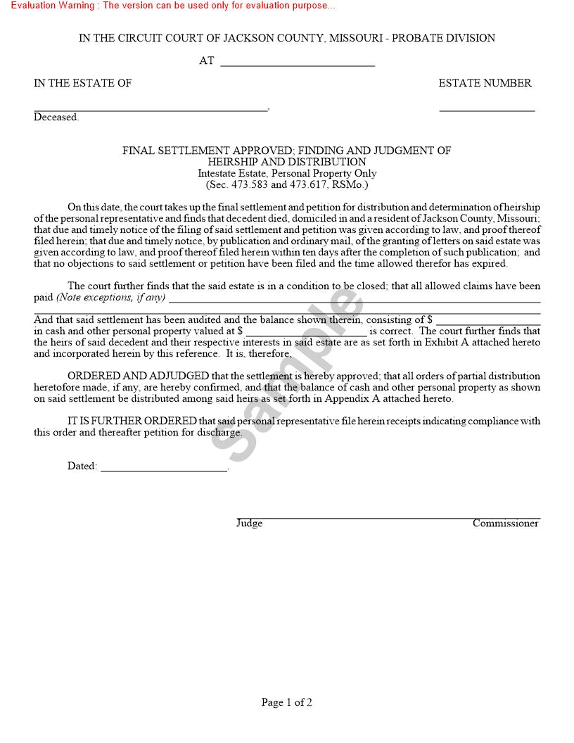 Final Settlement Approved - Finding And Judgment Of Heirship And Distribution {10584} | Pdf Fpdf Docx | Missouri