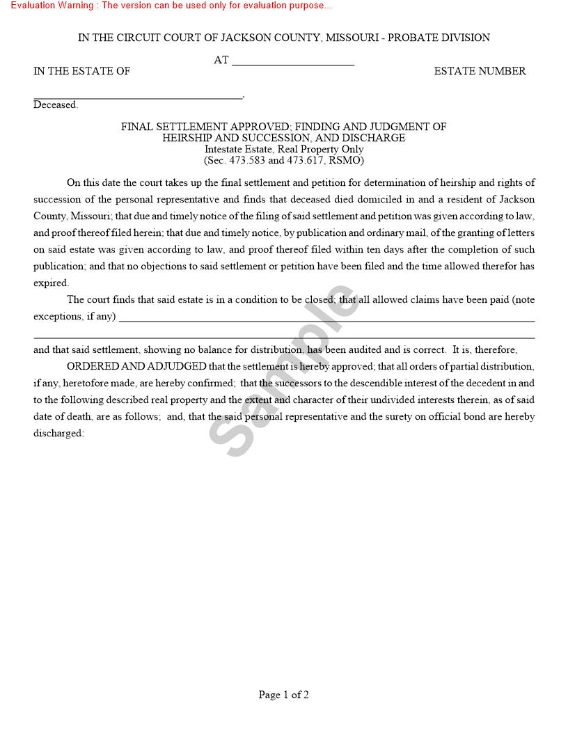 Final Settlement Approved - Finding And Judgment Of Heirship And Succession And Discharge {10585} | Pdf Fpdf Doc Docx | Missouri