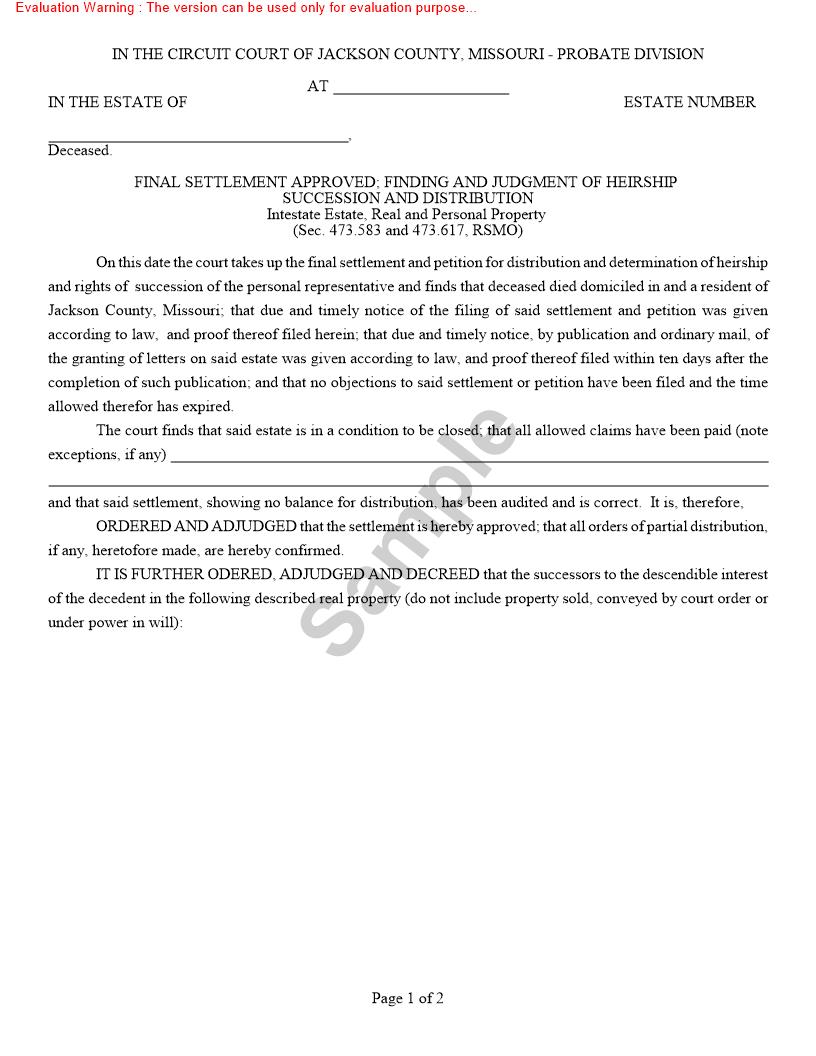 Final Settlement Approved - Finding And Judgment Of Heirship Succession And Distribution {10586} | Pdf Fpdf Docx | Missouri