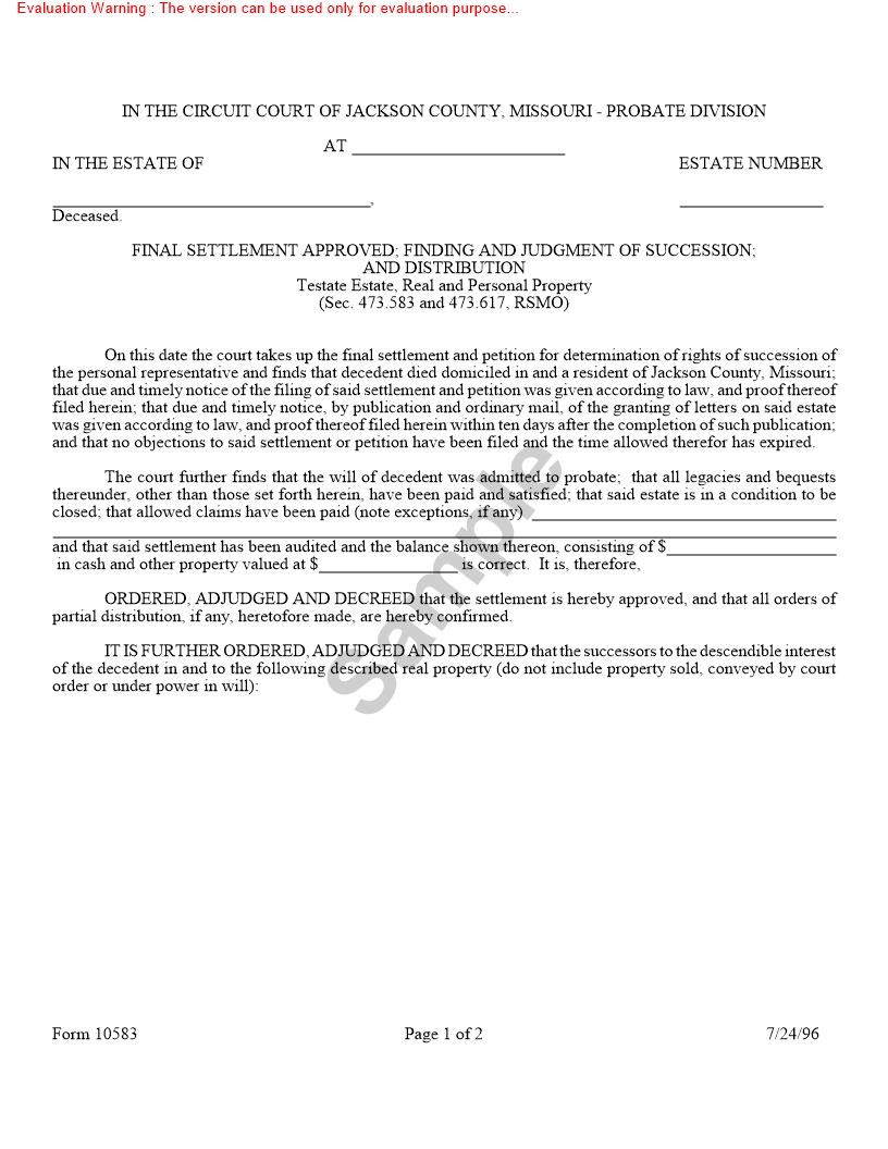 Final Settlement Approved - Finding And Judgment Of Succession - And Distribution {10583} | Pdf Fpdf Doc Docx | Missouri