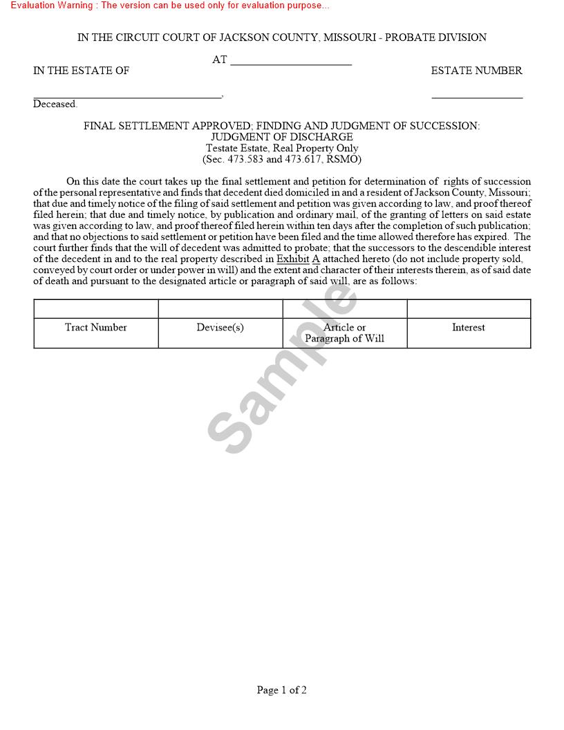Final Settlement Approved - Finding And Judgment Of Succession -Judgment Of Discharge {10582} | Pdf Fpdf Doc Docx | Missouri