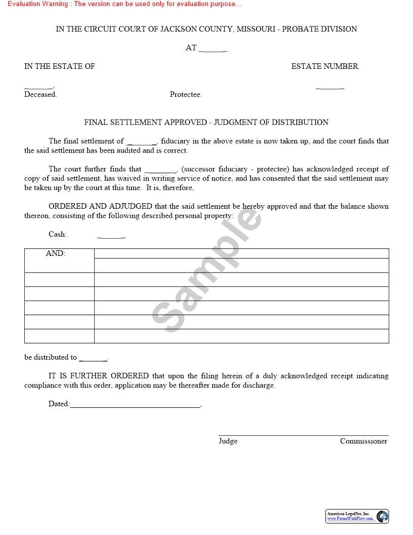 Final Settlement Approved - Judgment Of Distribution {10593} | Pdf Fpdf Doc Docx | Missouri