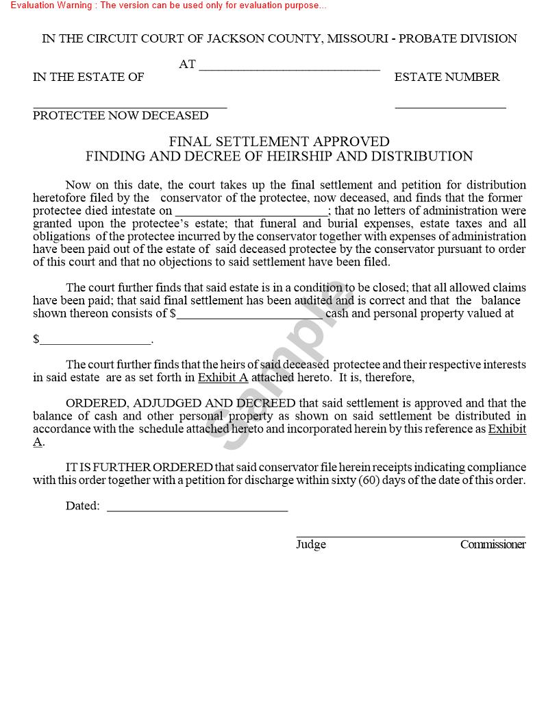Final Settlement Approved Finding And Decree Of Heirship And Distribution {10214} | Pdf Fpdf Doc Docx | Missouri