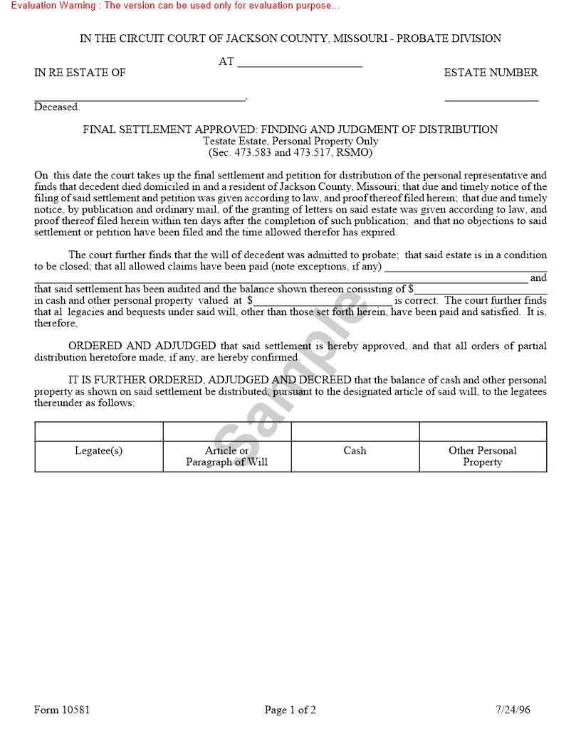 Final Settlement Approved Finding And Judgment Of Distribution {10581} | Pdf Fpdf Doc Docx | Missouri