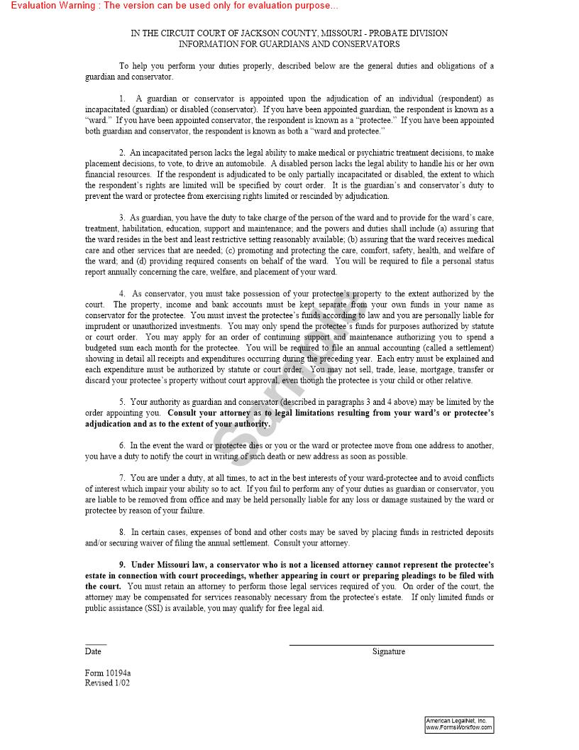 Information For Guardians And Conservators {10194a} | Pdf Fpdf Doc Docx | Missouri