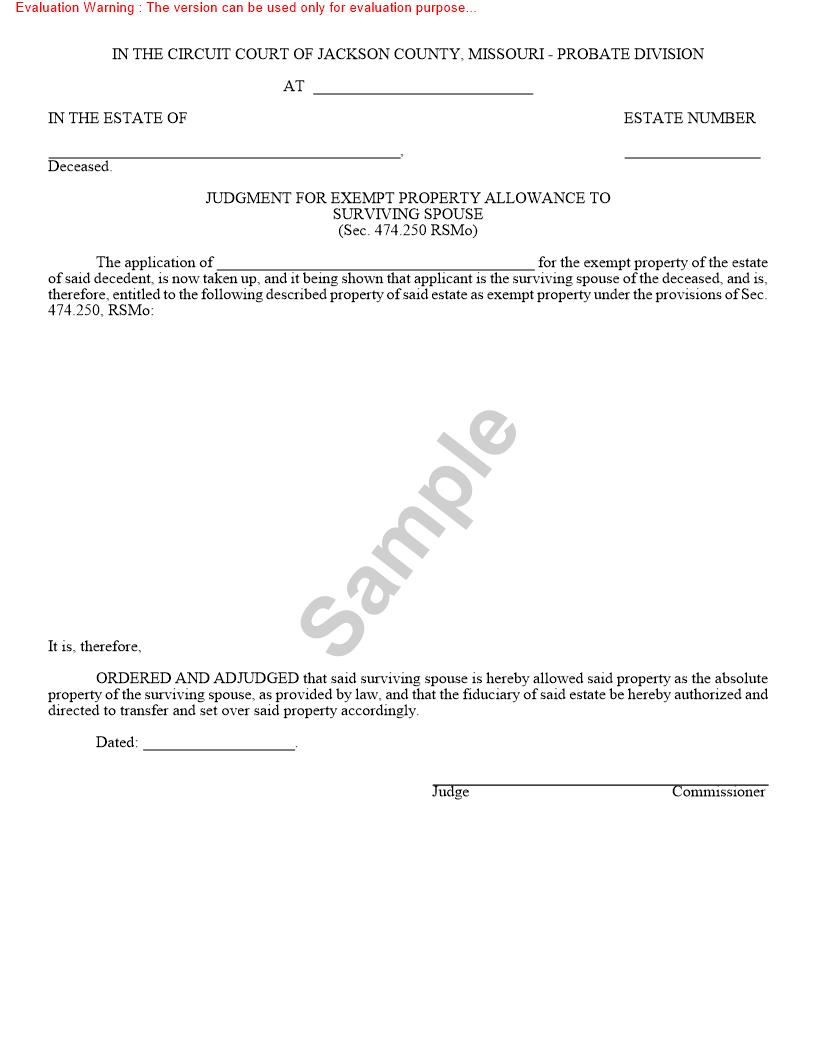 Judgment For Exempt Property Allowance To Surviving Spouse {10641} | Pdf Fpdf Doc Docx | Missouri