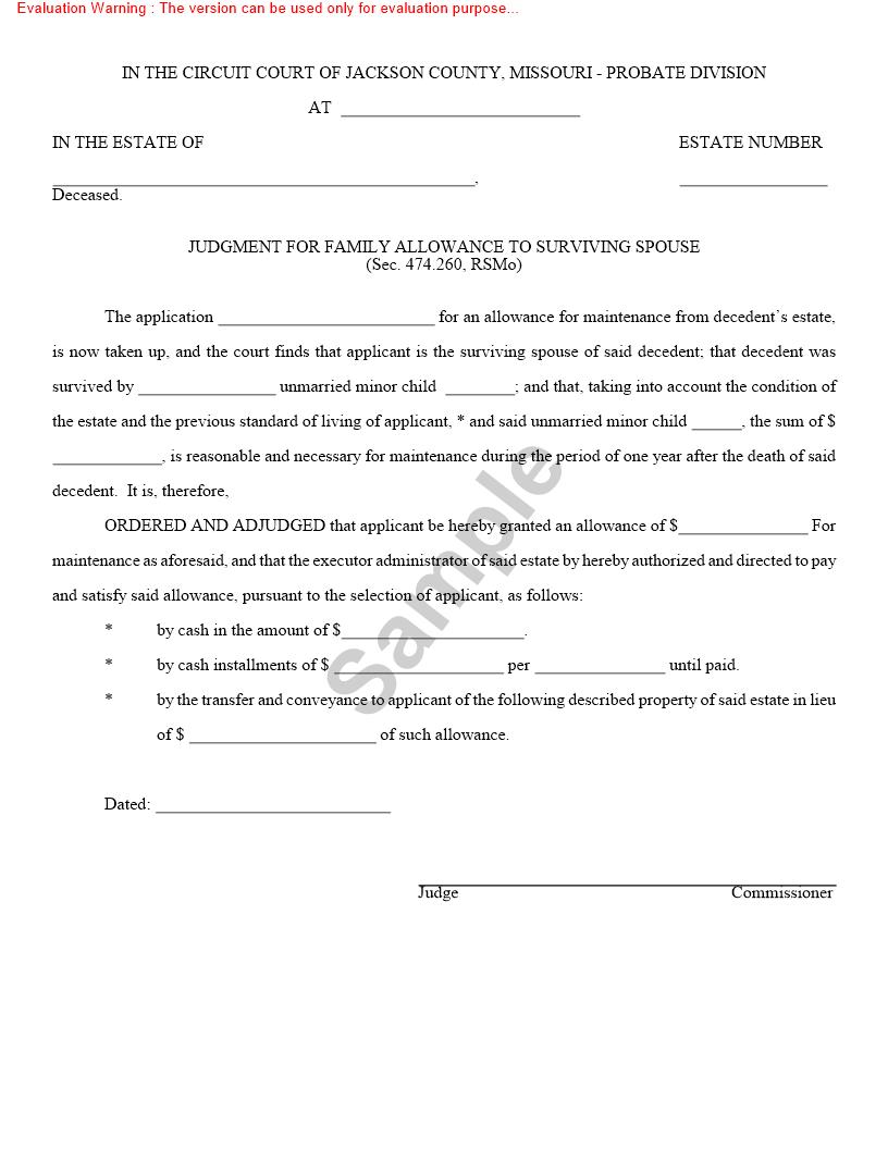 Judgment For Family Allowance To Surviving Spouse {10643} | Pdf Fpdf Doc Docx | Missouri