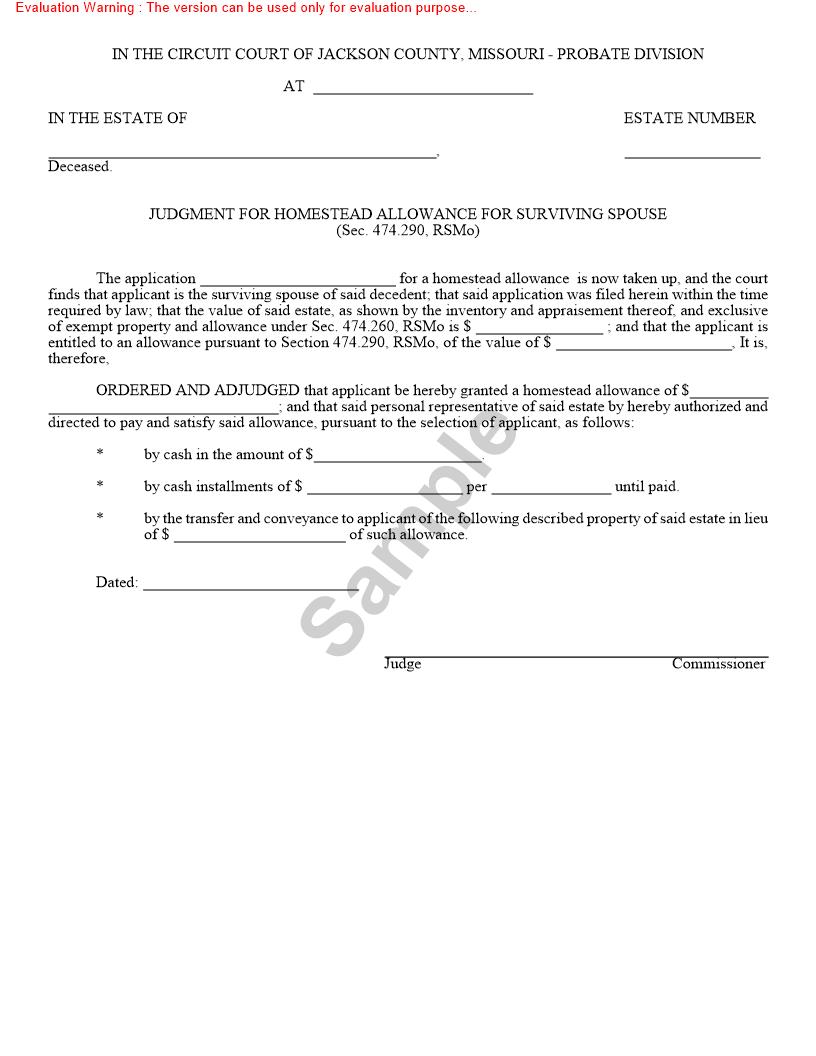 Judgment For Homestead Allowance For Surviving Spouse {10645} | Pdf Fpdf Doc Docx | Missouri