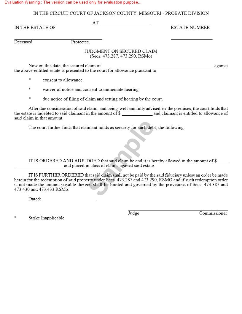 Judgment On Secured Claim {10141} | Pdf Fpdf Doc Docx | Missouri