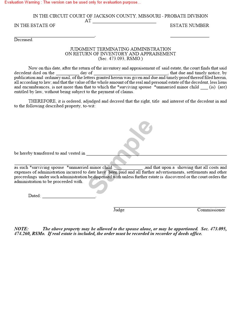 Judgment Terminating Administration On Return Of Inventory And Appraisement {10268} | Pdf Fpdf Doc Docx | Missouri