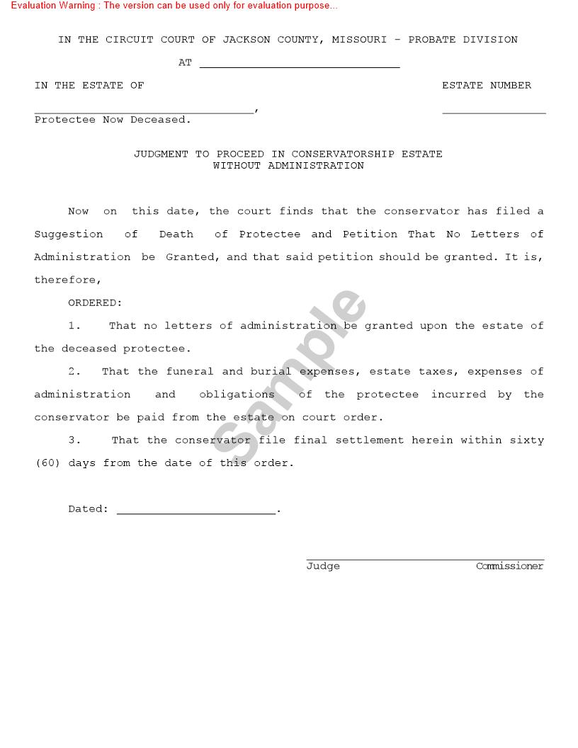 Judgment To Proceed In Conservatorship Estate Without Administration {10191} | Pdf Fpdf Doc Docx | Missouri