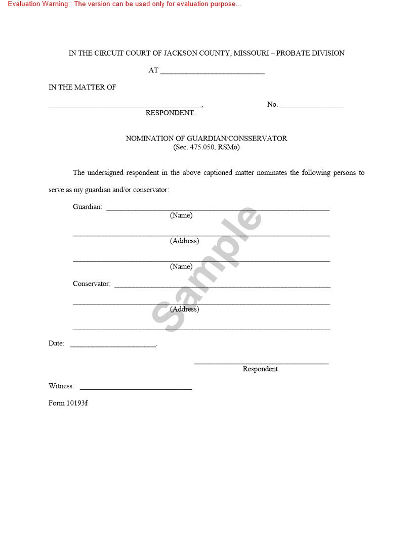 Nomination Of Guardian - Conservator {10193f} | Pdf Fpdf Doc Docx | Missouri
