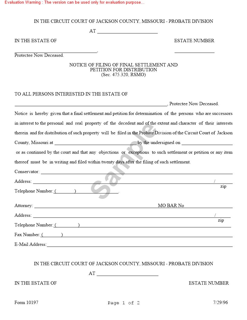 Notice Of Filing Of Final Settlement And Petition For Distribution {10197} | Pdf Fpdf Doc Docx | Missouri