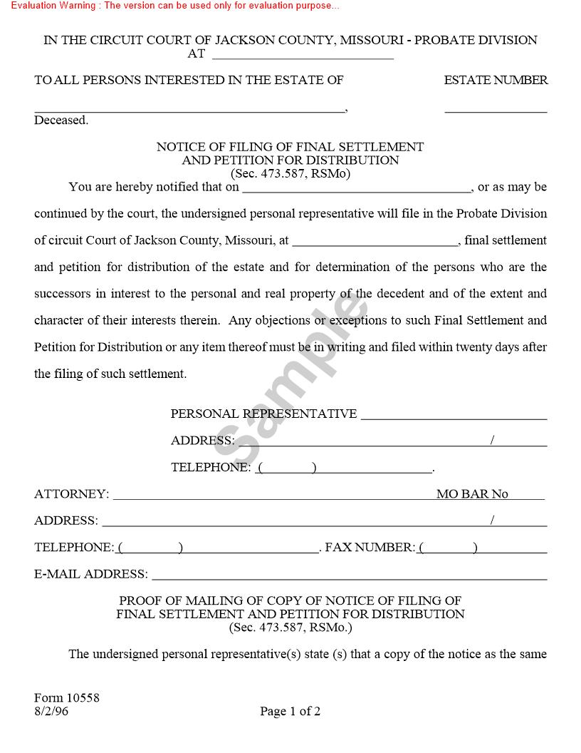 Notice Of Filing Of Final Settlement And Petition For Distribution {10558} | Pdf Fpdf Doc Docx | Missouri