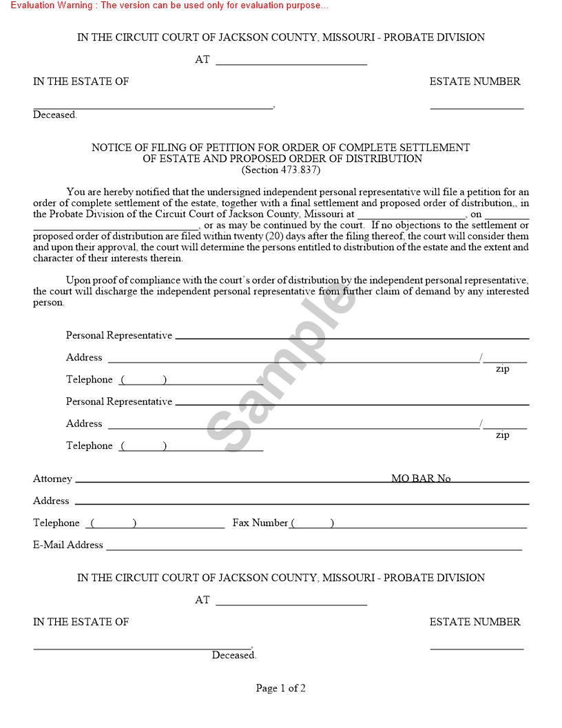 Notice Of Filing Of Petition For Order Of Complete Settlement Of Estate And Proposed Order Of Distribution {10608} | Pdf Fpdf Doc Docx | Missouri
