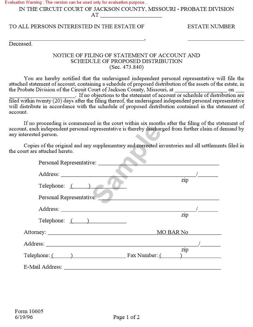 Notice Of Filing Of Statement Of Account And Schedule Of Proposed Distribution {10605} | Pdf Fpdf Doc Docx | Missouri