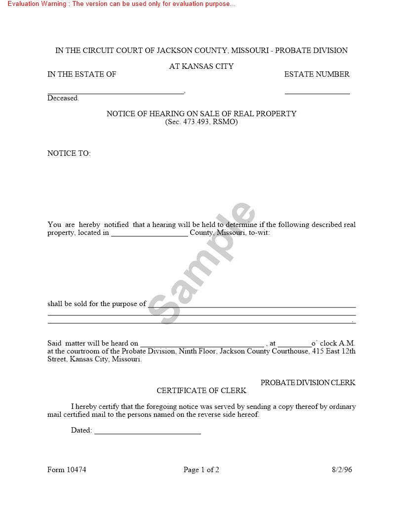 Notice Of Hearing On Sale Of Real Property {10474} | Pdf Fpdf Doc Docx | Missouri