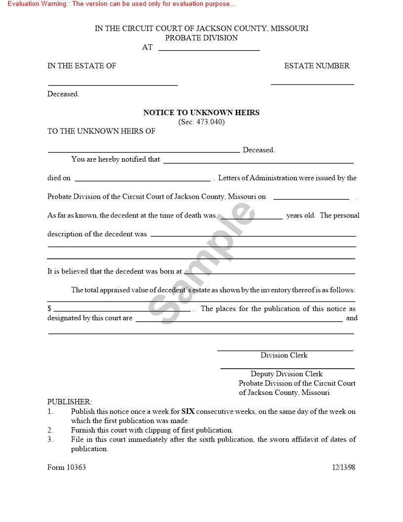 Notice To Unknown Heirs {10363} | Pdf Fpdf Doc Docx | Missouri