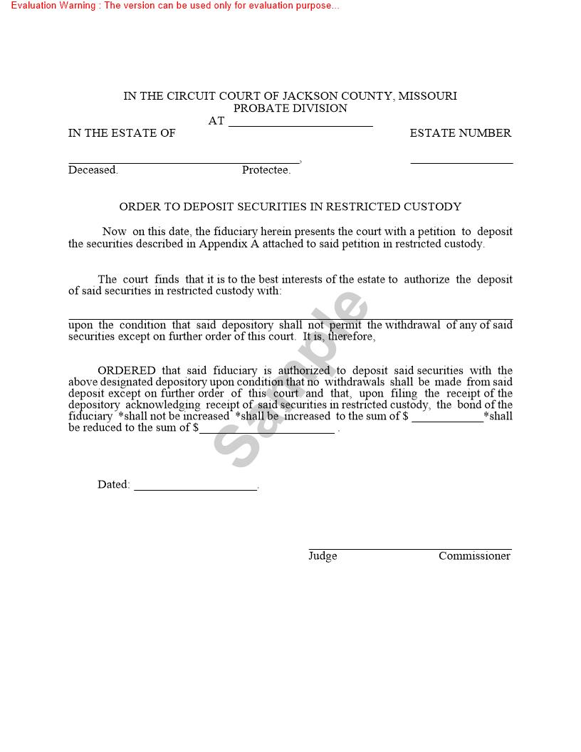 Order To Deposit Securities In Restricted Custody {10114} | Pdf Fpdf Doc Docx | Missouri
