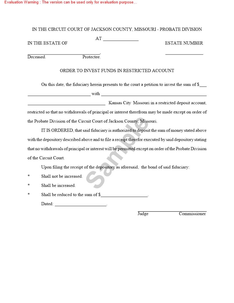 Order To Invest Funds In Restricted Account {10531} | Pdf Fpdf Doc Docx | Missouri