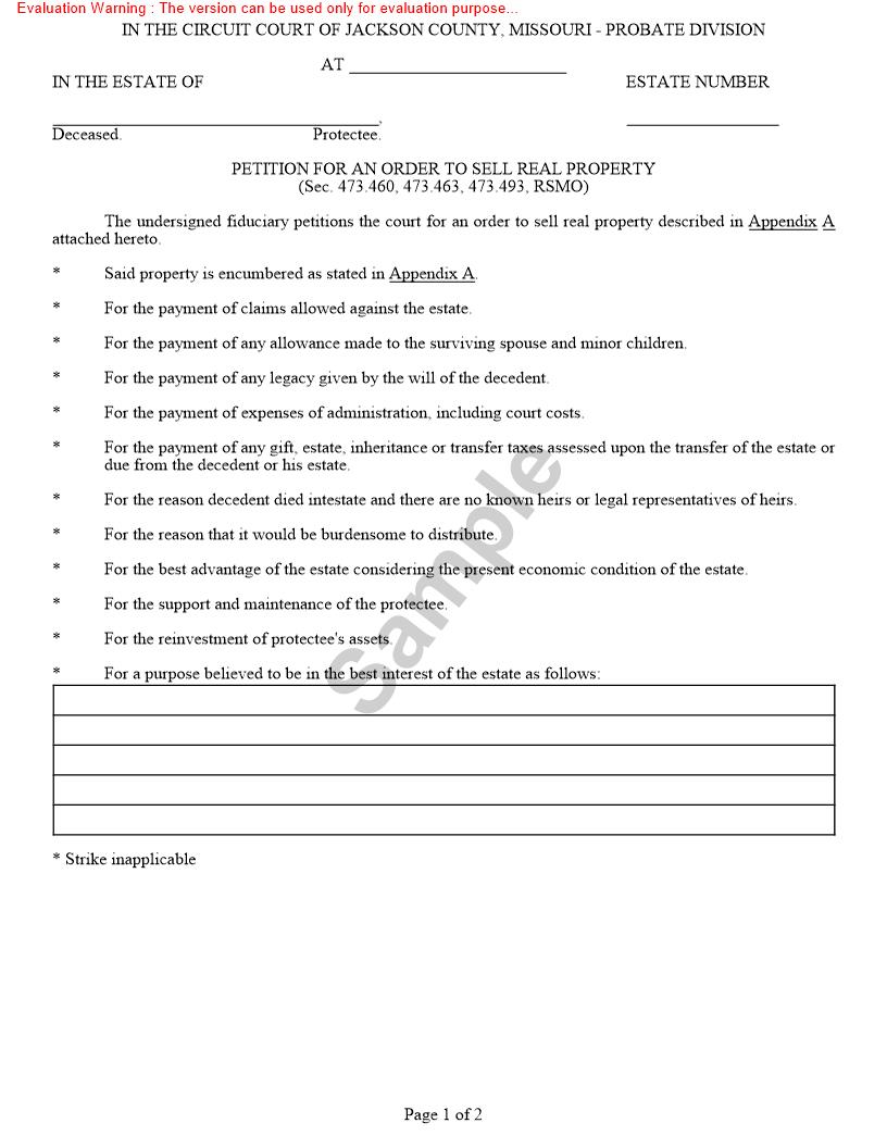 Petition For An Order To Sell Real Property {10470} | Pdf Fpdf Doc Docx | Missouri