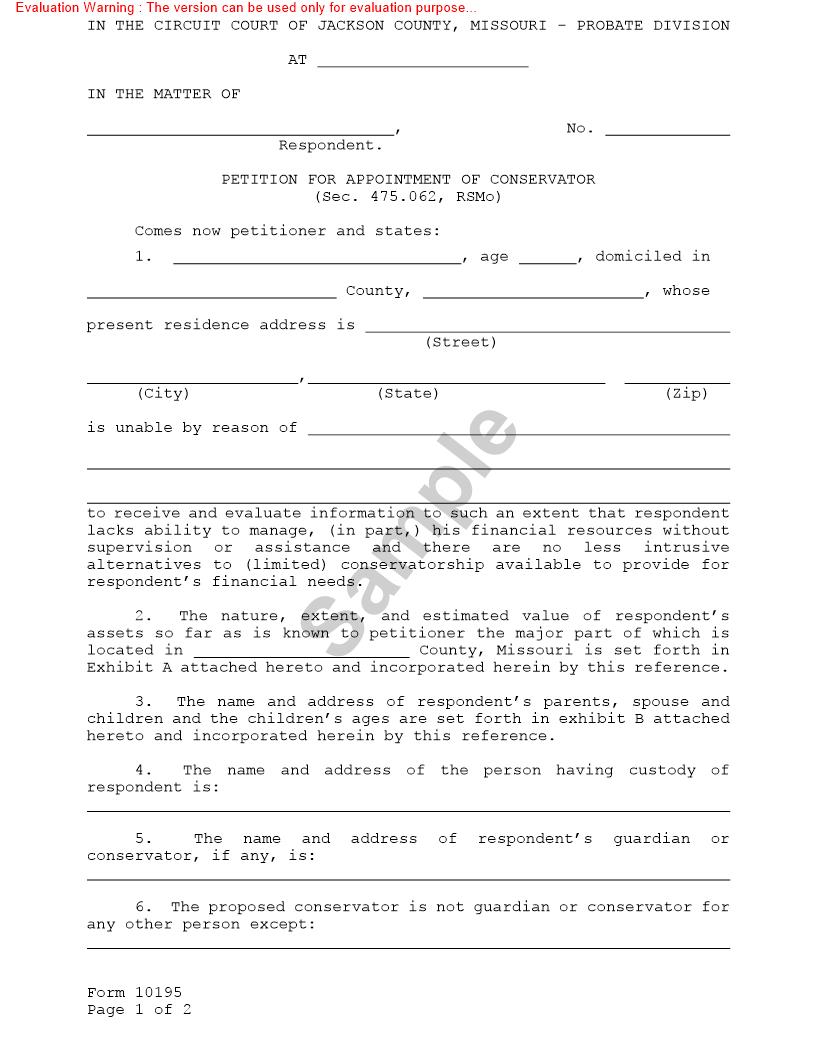 Petition For Appointment Of Conservator {10195} | Pdf Fpdf Doc Docx | Missouri
