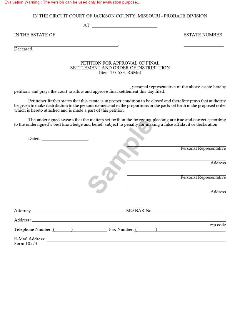 Petition For Approval Of Final Settlement And Order Of Distribution {10573} | Pdf Fpdf Doc Docx | Missouri