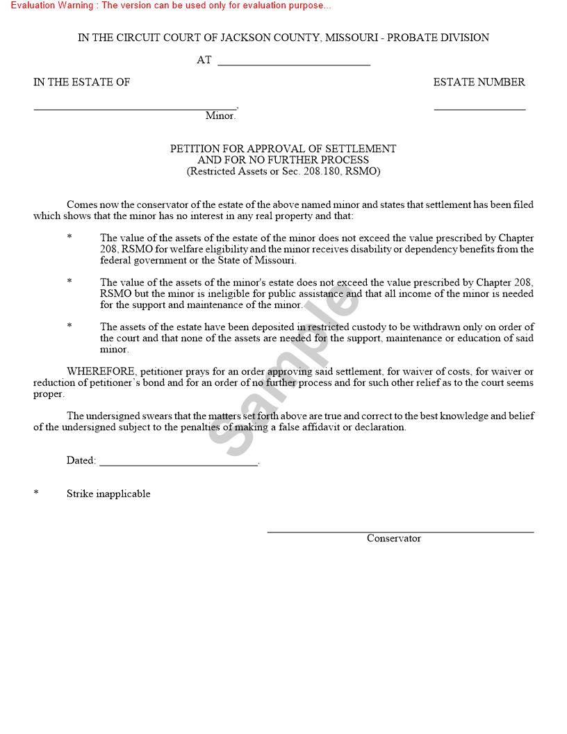 Petition For Approval Of Settlement And For No Further Process {10334} | Pdf Fpdf Doc Docx | Missouri