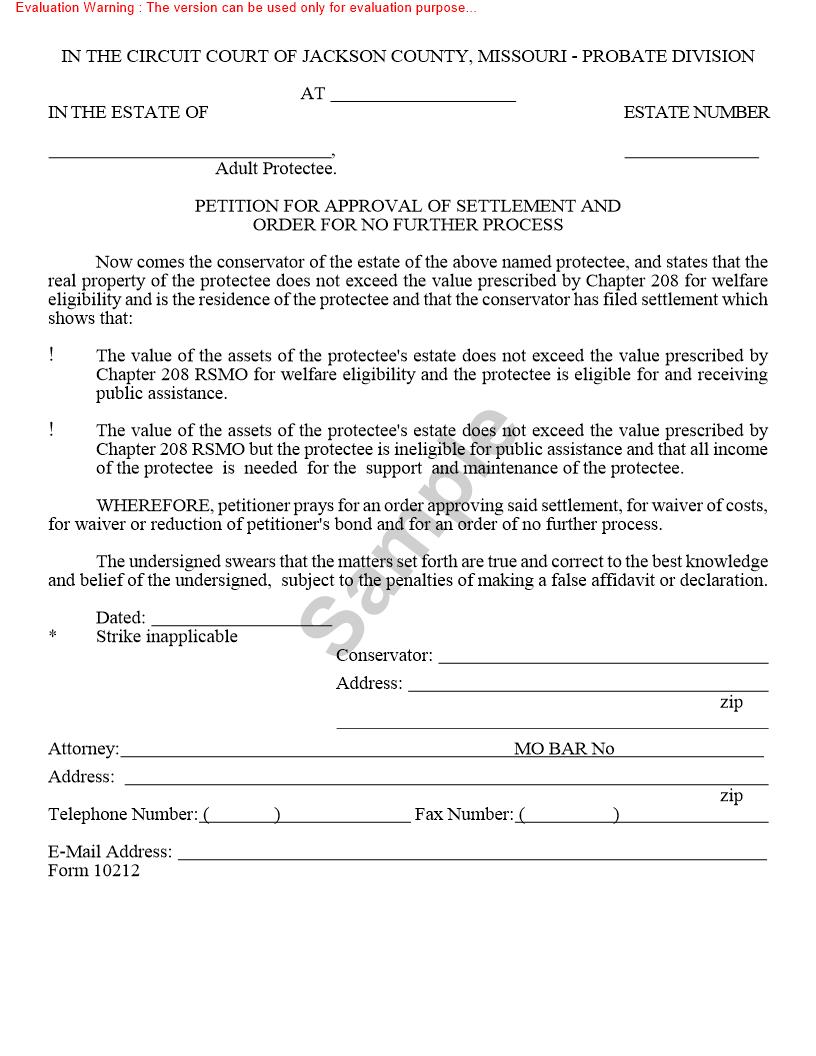 Petition For Approval Of Settlement And Order For No Further Process {10212} | Pdf Fpdf Doc Docx | Missouri