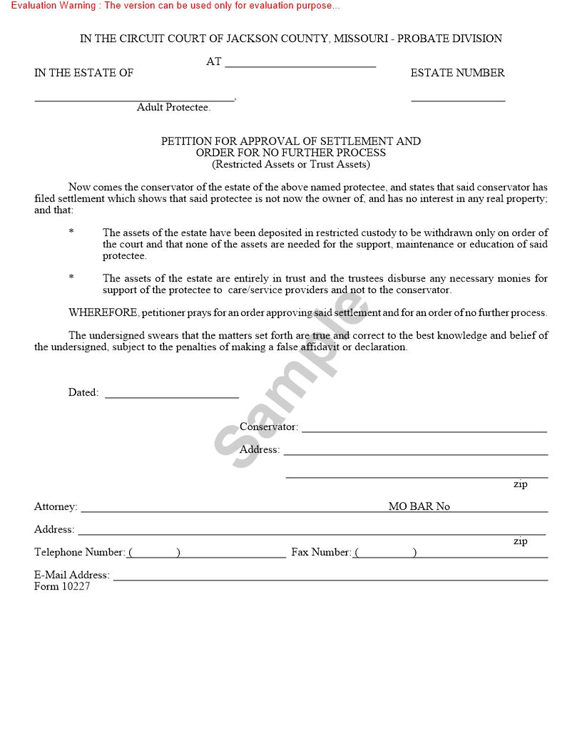 Petition For Approval Of Settlement And Order For No Further Process {10227} | Pdf Fpdf Doc Docx | Missouri