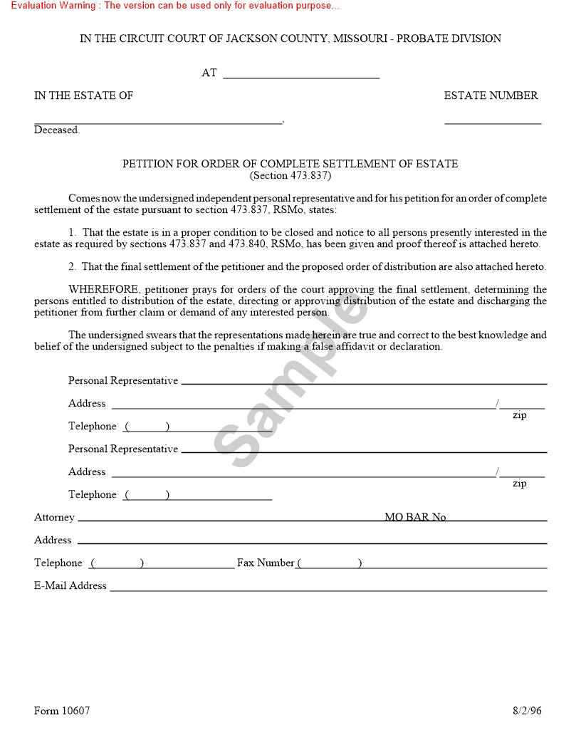 Petition For Order Of Complete Settlement Of Estate {10607} | Pdf Fpdf Doc Docx | Missouri