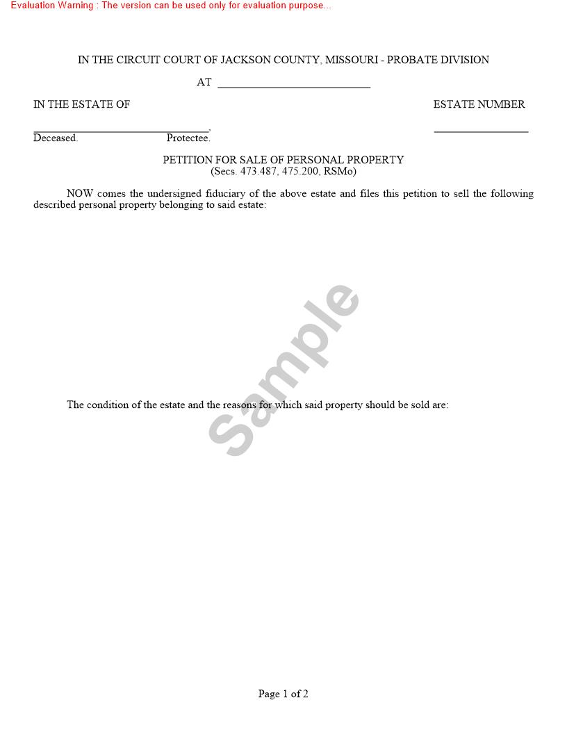 Petition For Sale Of Personal Property {10460} | Pdf Fpdf Doc Docx | Missouri